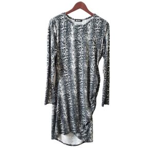 BTFBM Snakeskin Print long‎ Sleeve Ruched Bodycon Dress Size Large Animal Print